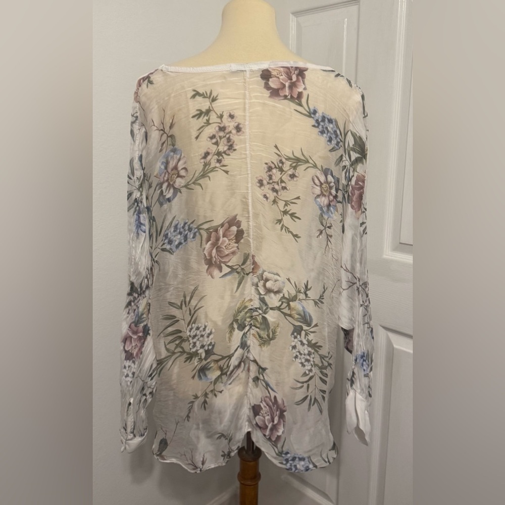 Tempo Paris Silk Blend Floral Boho Blouse Ivory Sheer Button Front Twist Hem Lrg - Picture 3 of 10